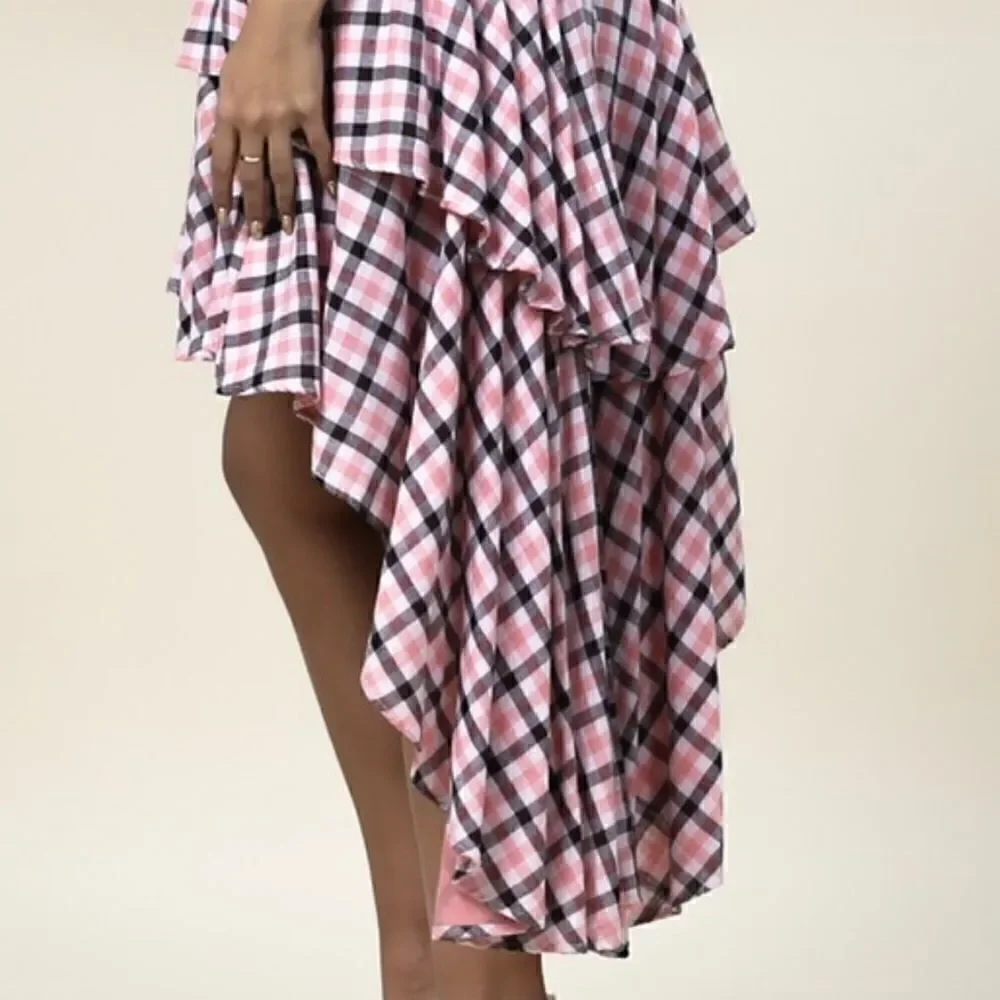 Coral Plaid High Low Skirt